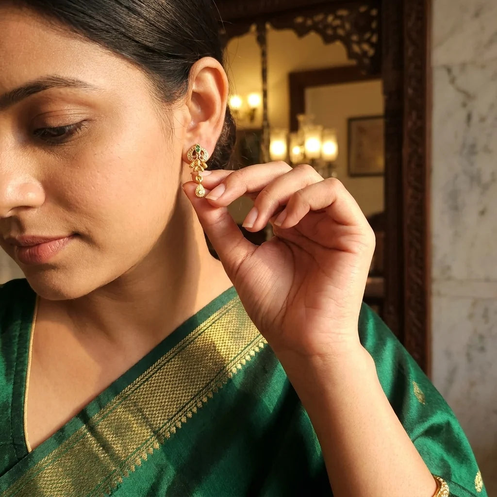 traditional peacock earrings, multicolor stone earrings, ethnic drop earrings, gold finish earrings, festive jewellery, lightweight womens earrings, designer traditional earrings, elegant fashion jewellery
