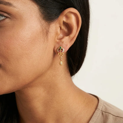 traditional peacock earrings, multicolor stone earrings, ethnic drop earrings, gold finish earrings, festive jewellery, lightweight womens earrings, designer traditional earrings, elegant fashion jewellery