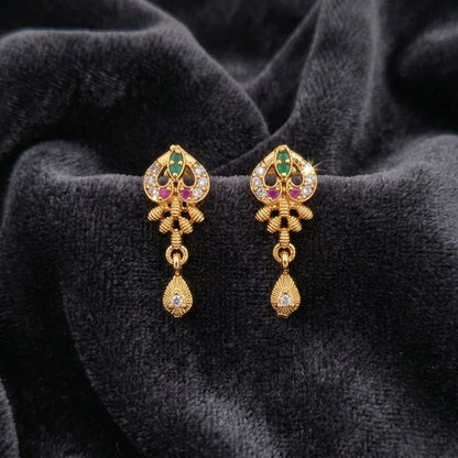traditional peacock earrings, multicolor stone earrings, ethnic drop earrings, gold finish earrings, festive jewellery, lightweight womens earrings, designer traditional earrings, elegant fashion jewellery