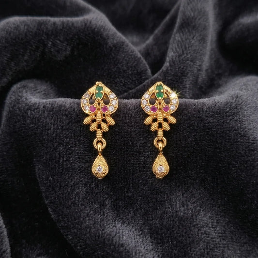 traditional peacock earrings, multicolor stone earrings, ethnic drop earrings, gold finish earrings, festive jewellery, lightweight womens earrings, designer traditional earrings, elegant fashion jewellery