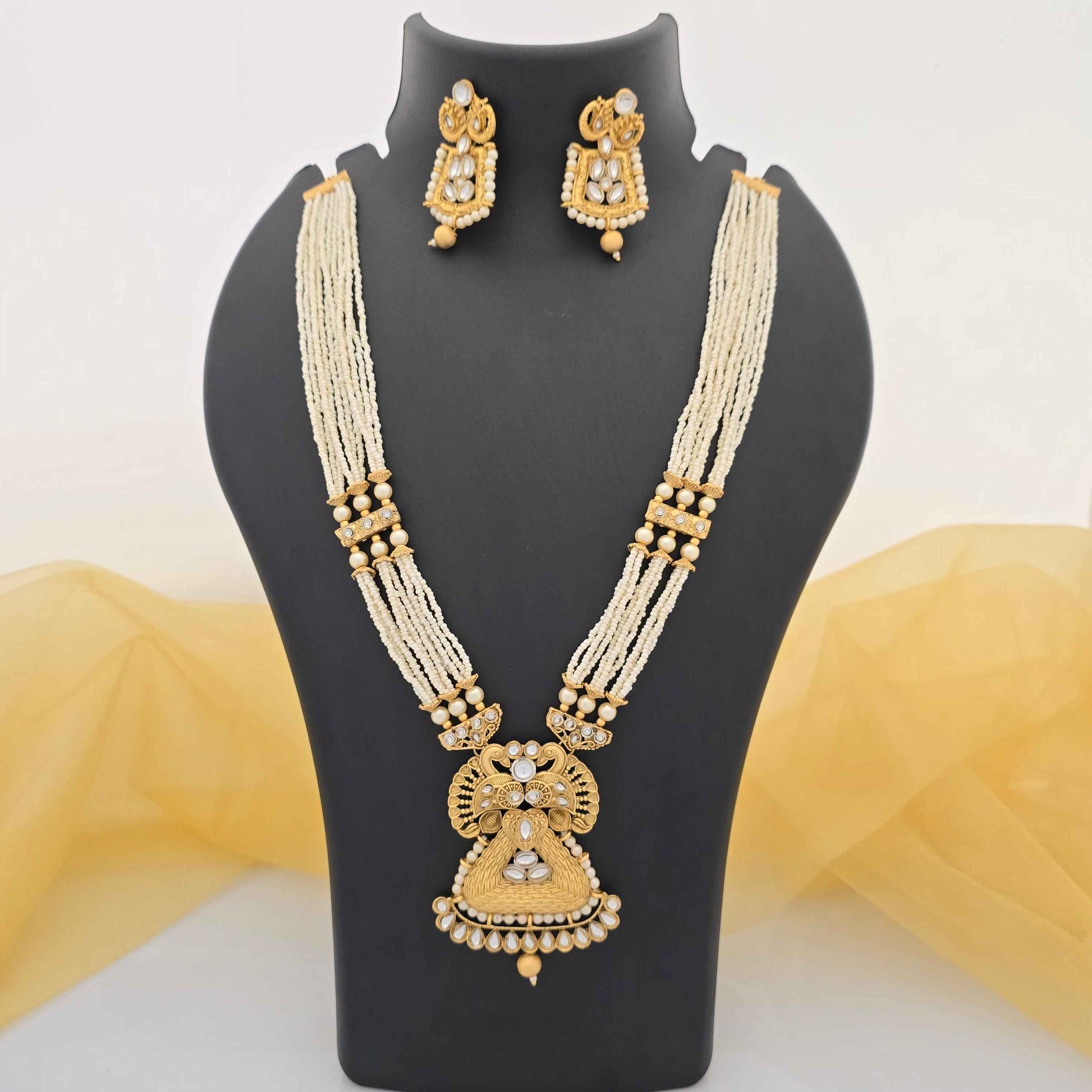 Traditional Pearl Beaded Copper Long Necklace Set with Designer Pendant & Earrings for Women