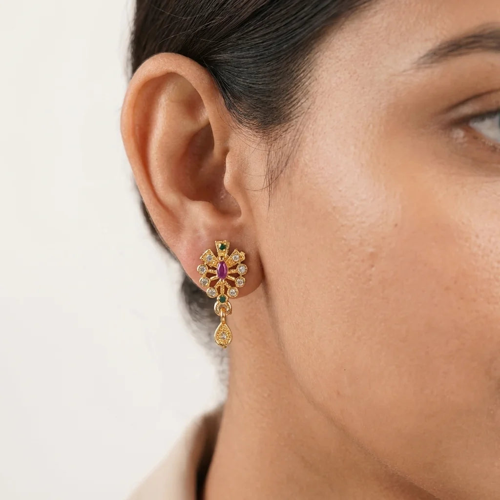 traditional stone earrings, sunburst earrings, multicolor designer earrings, gold finish earrings, festive jewellery, ruby green earrings, lightweight womens earrings, elegant ethnic earrings