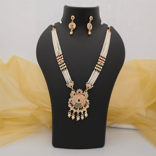 traditional white beaded long necklace set with antique gold tone pendant and matching earrings, multicolour bead necklace for women, artificial ethnic jewellery set with pearl drop detailing, traditional Indian necklace for weddings and festivals