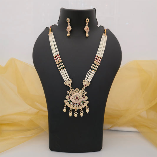 white beaded traditional necklace set with rose gold tone pendant and matching earrings, multicolour stone artificial jewellery set for women, ethnic necklace with pearl style drops, traditional Indian imitation jewellery for weddings and festivals