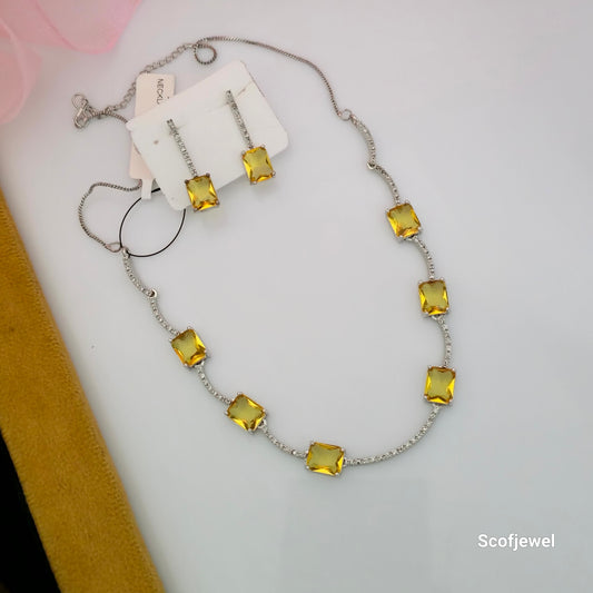 Yellow Stone AD Necklace Set with Matching Earrings | Silver-Tone Designer Jewellery for Women