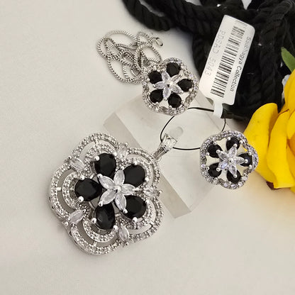 black_stone_floral_pendant_set_for_women - Saubhagya Collection 