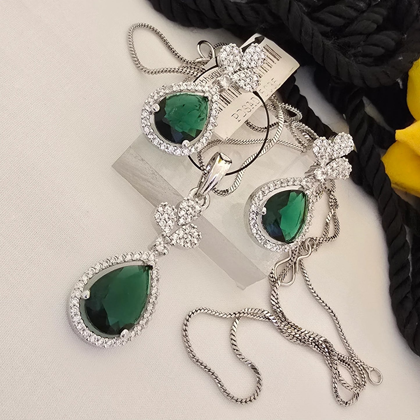 eardrop_Green_Stone_Pendant_Set_with_Earrings_Silver_Plated_Designer_Jewellery - Saubhagya Collection 