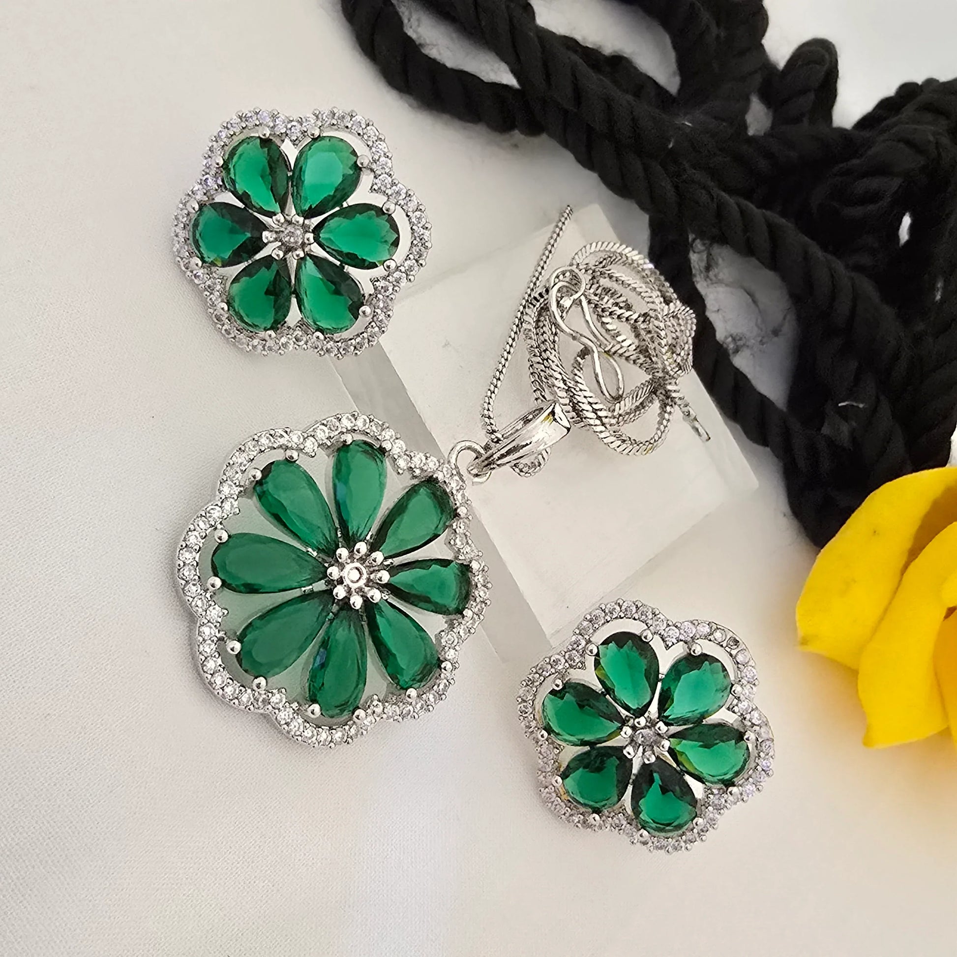 green_Floral_Stone_Pendant_Set_with_Earrings_green_Color_Variants_Jewellery - Saubhagya Collection 