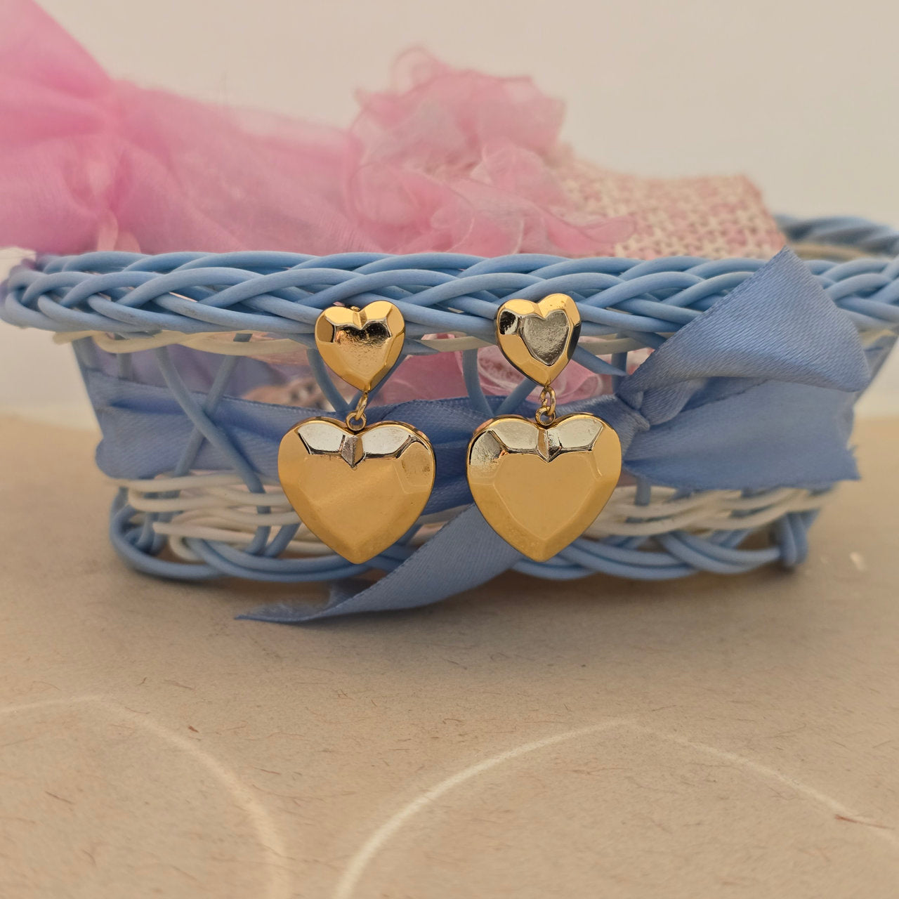 Gold-Tone Double Heart Drop Earrings