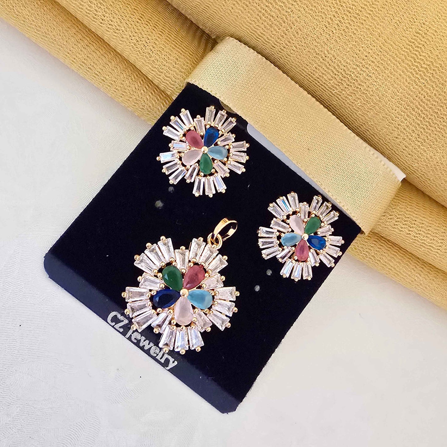 multicolor_floral_pendant_set_with_earrings_gold_plated_jewellery_for_women - Saubhagya Collection 