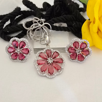 rose_pink_Floral_Stone_Pendant_Set_with_Earrings_rose_pink_Color_Variants_Jewellery - Saubhagya Collection 