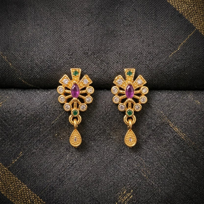 traditional stone earrings, sunburst earrings, multicolor designer earrings, gold finish earrings, festive jewellery, ruby green earrings, lightweight womens earrings, elegant ethnic earrings