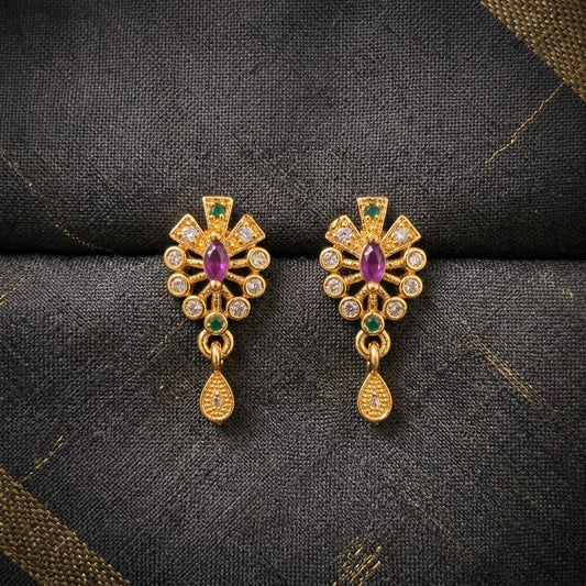 traditional stone earrings, sunburst earrings, multicolor designer earrings, gold finish earrings, festive jewellery, ruby green earrings, lightweight womens earrings, elegant ethnic earrings