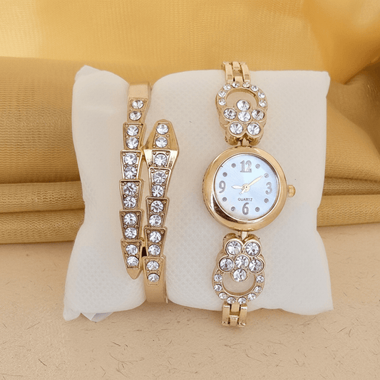 Gold Crystal Watch & Bracelet Set for Women