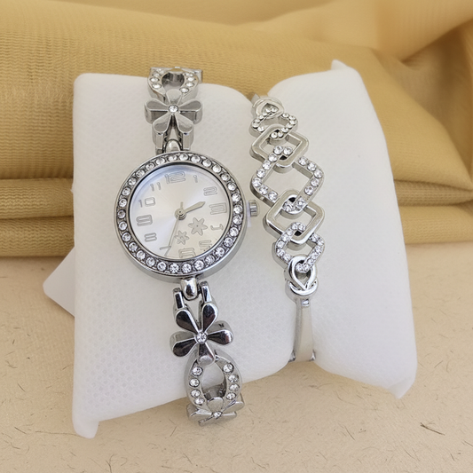 Silver Crystal Floral Watch & Bracelet Combo Set